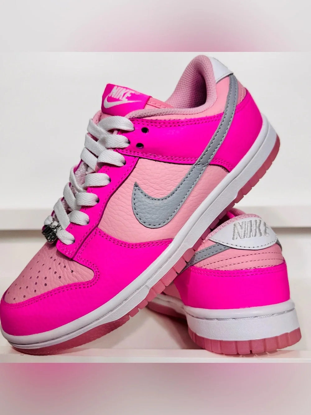 Nike Dunk Low Pink Grey GS 4.5 • Deadstock Clean • Lace Charms • Barbie Pop